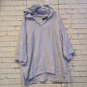 Tahari Women's Size 2X Light Blue Linen Hooded Top Button Back V-Neck New